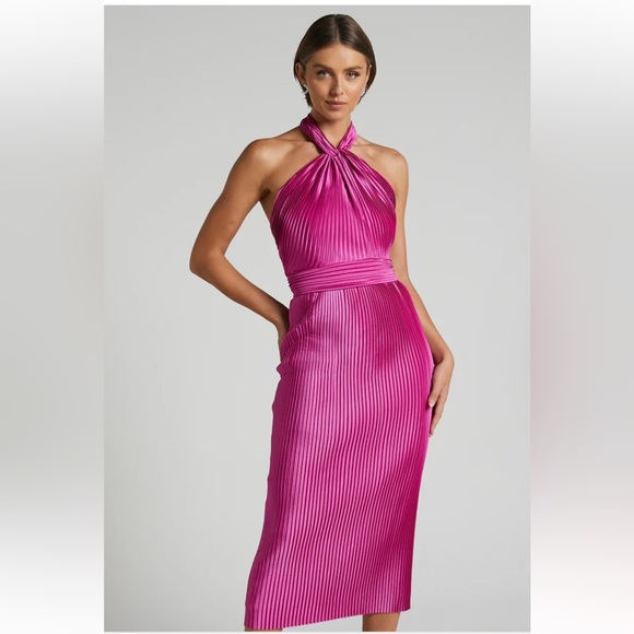 NWT SHOWPO. MARLETTE GRAPE SATIN PLEATED HALTER MIDI OPEN BACK DRESS RAW HEM 14